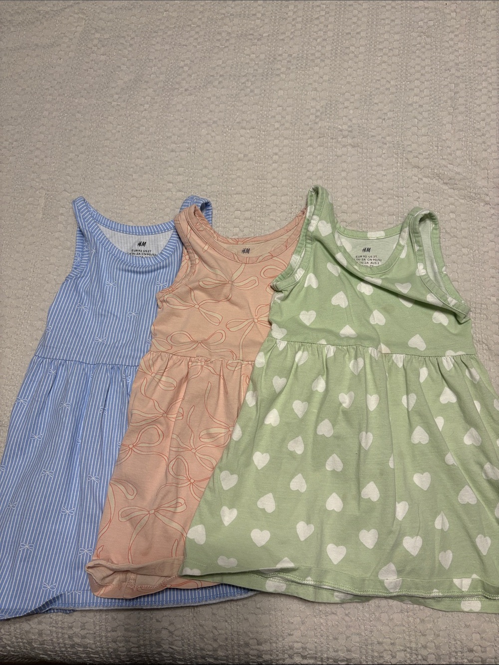 H&M Girls Sleeveless Heart, Bow & Stripe Dresses - Green, Peach, Blue
